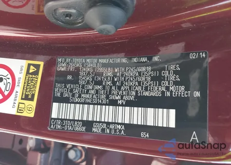 2014 Toyota Highlander Xle V6 из США, поврежденный, VIN 5TDKKRFH4ES014301